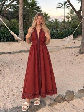Thearah Red Organic Cotton Embroidered Halter Maxi Dress, V Neck
